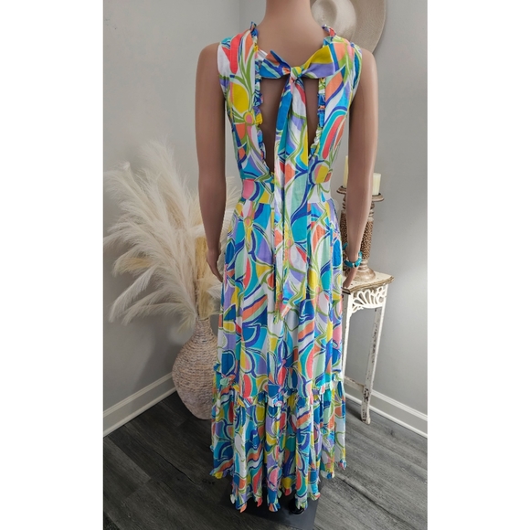 Fate White Multicolored Open Tie Back Pleated Maxi Dress - Picture 1 of 12